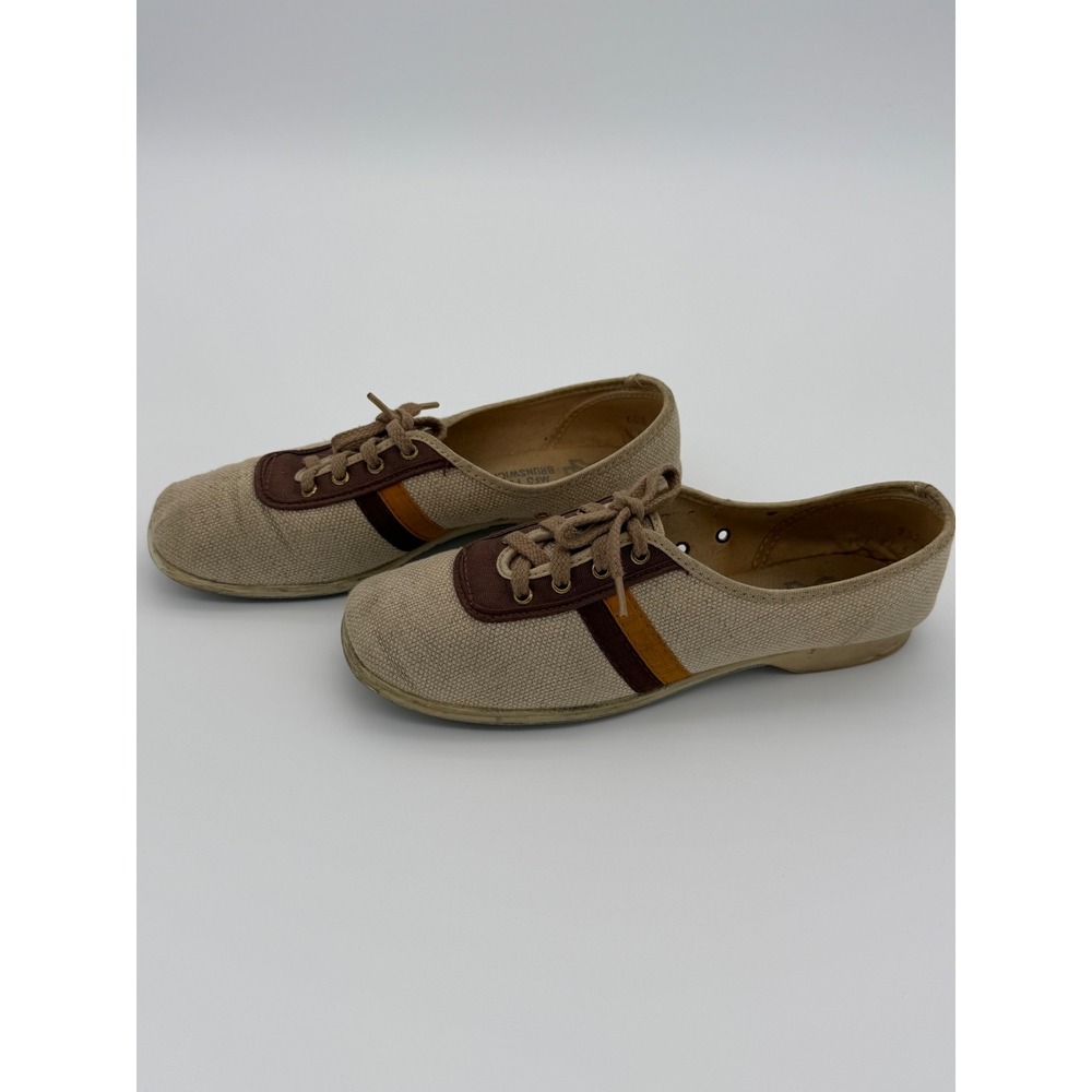 Vintage Brunswick Bowling Shoes Tan Canvas Brown Orange Stripe USA Made Women 6M